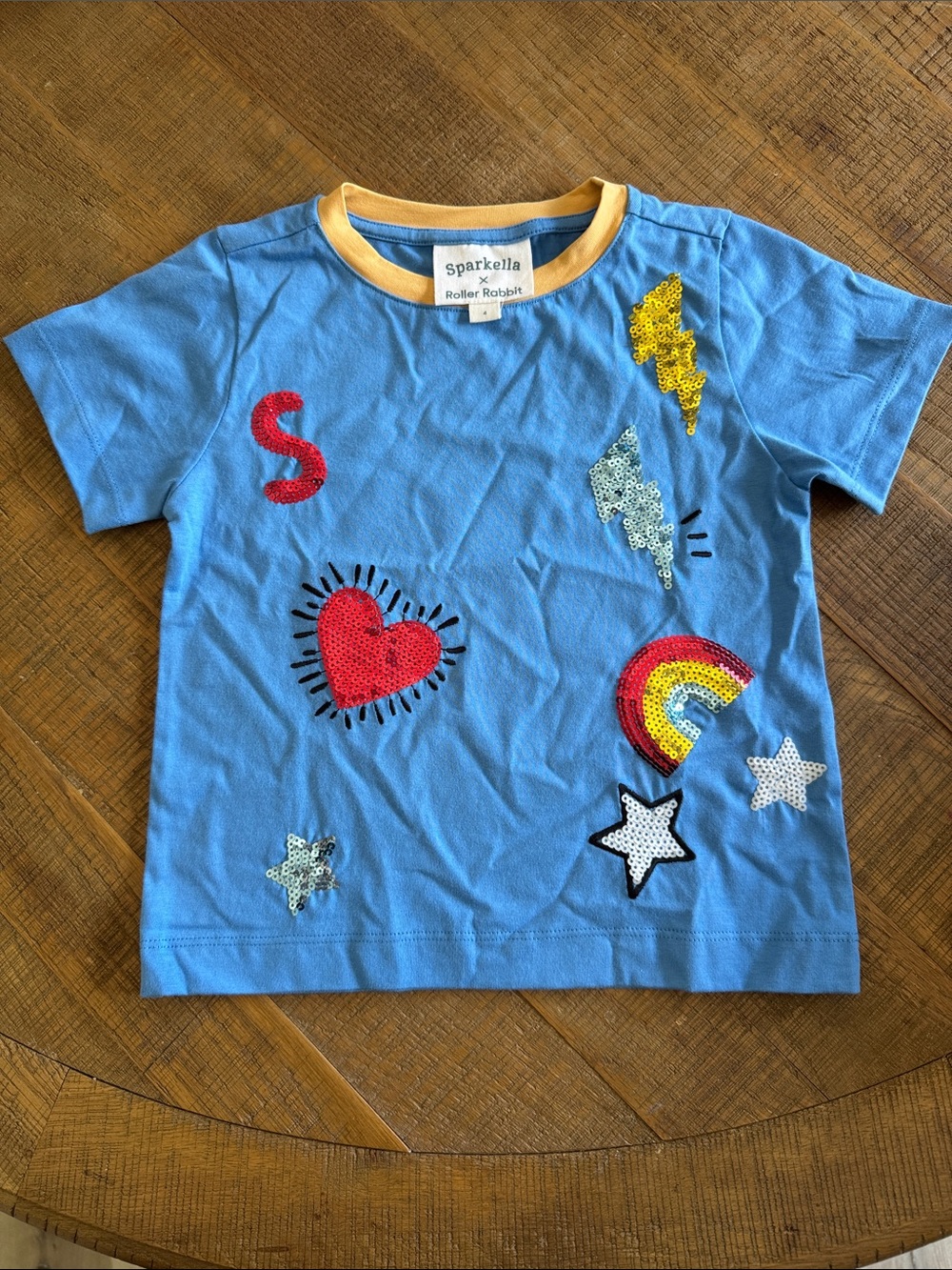 Sparkella x Roller Rabbit Blue Kids Tee with Yellow Trim and Sequin Patches 4T